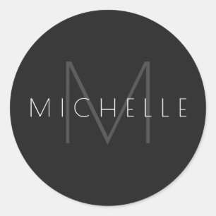 Sticker Rond Monogramme noir gris blanc moderne Nom élégant