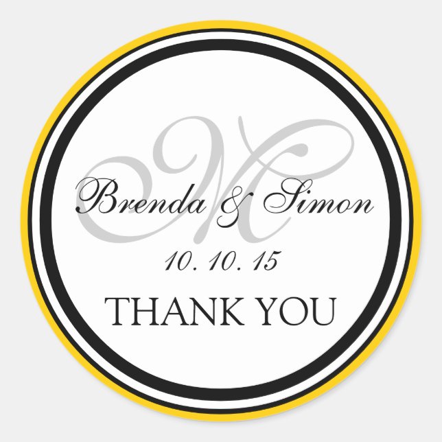 Sticker Rond Monogramme noir jaune M Merci Mariage (Devant)