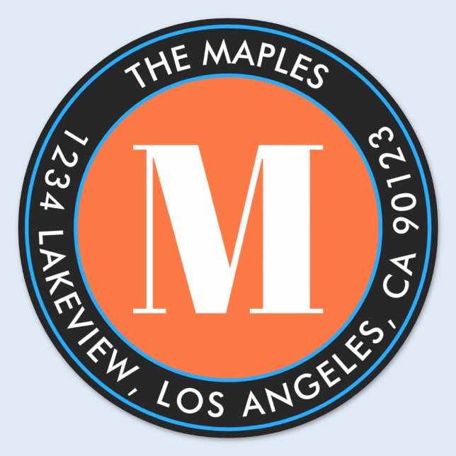 Sticker Rond Monogramme noir orange bleu en gras Adresse de ret (Créateur téléchargé)