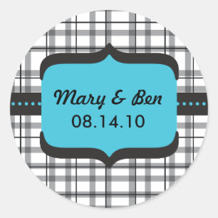 Sticker Rond Monogramme noir plaid et Mariage bleu