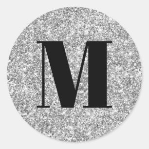 Sticker Rond Monogramme noir sur paillettes argentées fausses