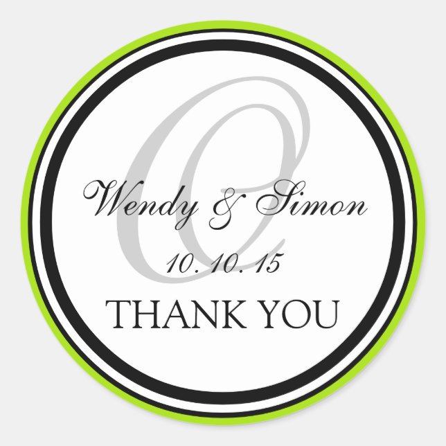 Sticker Rond Monogramme noir vert cime O Merci Mariage (Devant)