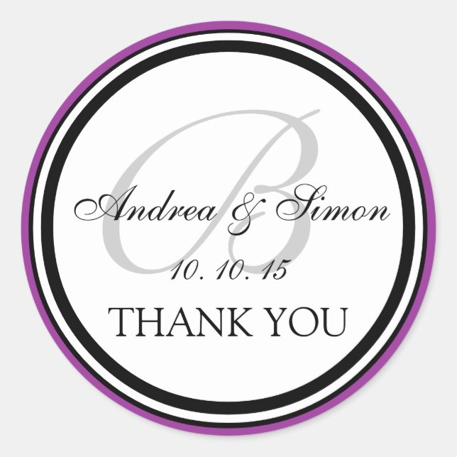 Sticker Rond Monogramme noir violet B Merci Mariage (Devant)