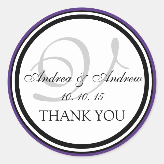 Sticker Rond Monogramme noir violet V Merci Mariage (Devant)