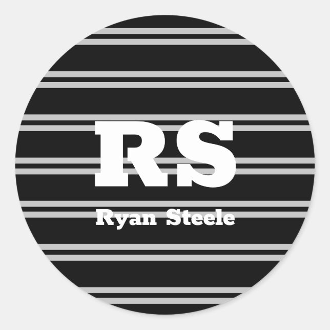 Sticker Rond Monogramme & nom blanc gras, lignes gris clair sur (Devant)