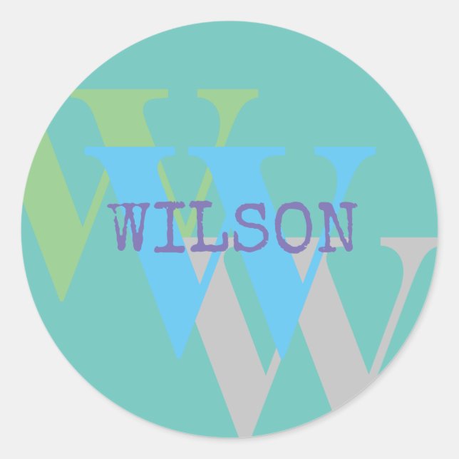 Sticker Rond Monogramme nom bleu gris VERT élégant cadeau (Devant)
