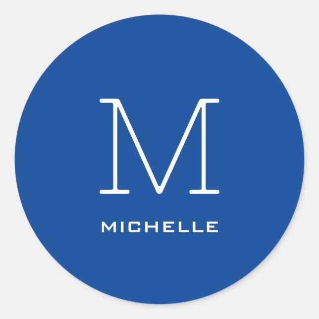 Sticker Rond Monogramme Nom initial Bleu profond Unique Minimal (Devant)