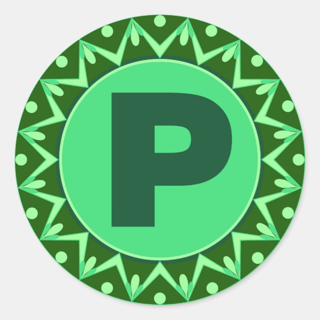 Sticker Rond Monogramme Nom initial lettre verte alphabet p (Devant)