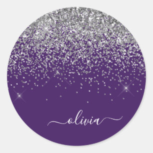 Sticker Rond Monogramme Nom Paillettes Violet Argent Féminin