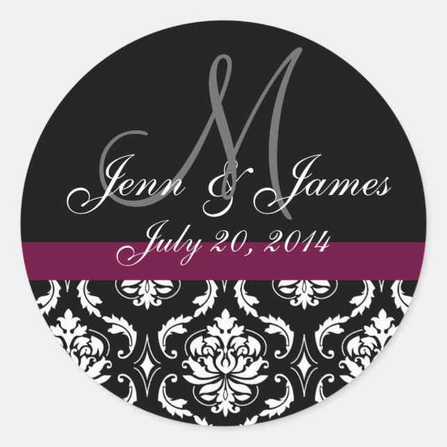 Sticker Rond Monogramme Noms Date Vin Mariage damassé Seaux (Devant)