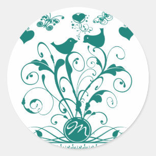 Sticker Rond Monogramme Oiseaux Mariages Coeurs Éclats Aqua pro