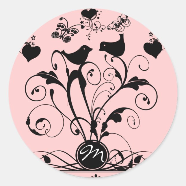 Sticker Rond Monogramme Oiseaux Mariages Coeurs Éclosions (Devant)
