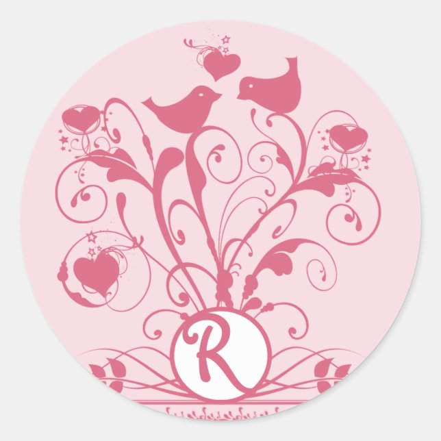 Sticker Rond Monogramme Oiseaux Mariages Coeurs Éperies Lèvres (Devant)