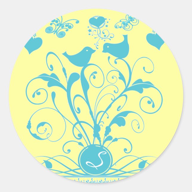 Sticker Rond Monogramme Oiseaux Mariages Coeurs Éperlations Aqu (Devant)