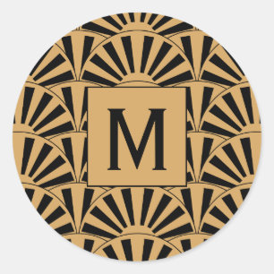 Sticker Rond Monogramme Or et noir Art déco Fleurs de ventilate