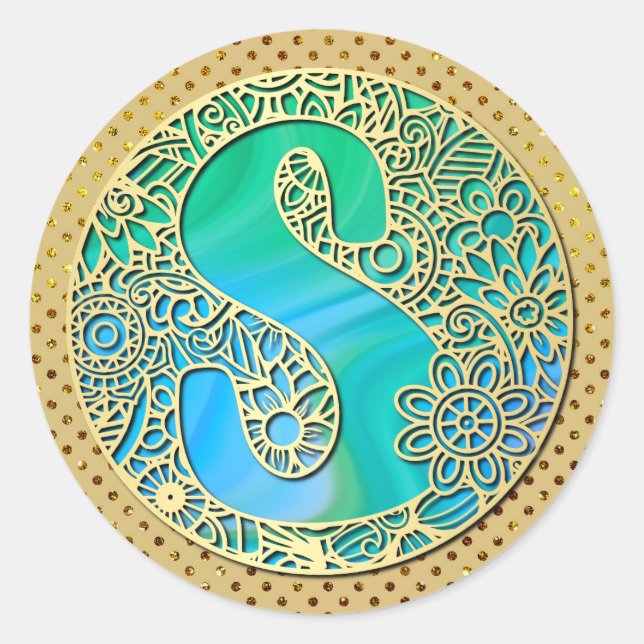 Sticker Rond Monogramme Or et Turquoise S et Fleurs colorées (Devant)
