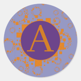 Sticker Rond Monogramme Orange Violet Initial Carrés Cercles