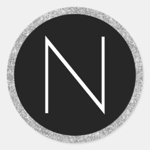 Sticker Rond Monogramme Pailleté Blanc Noir et Argent