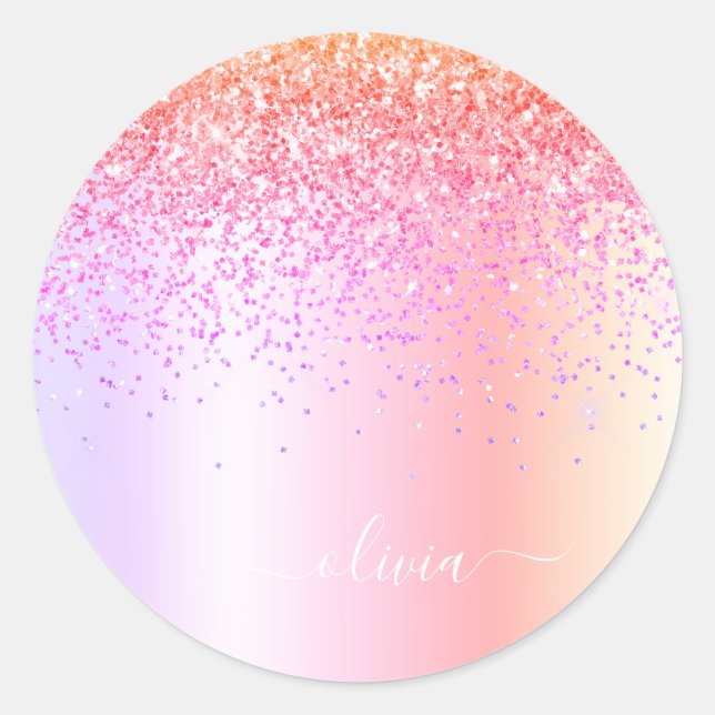 Sticker Rond Monogramme Pailleté Rose Gold Arc-en-Ciel Pastel V (Devant)