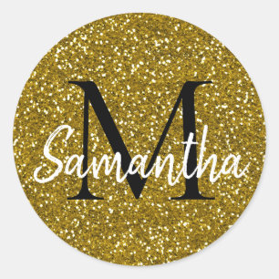 Sticker Rond Monogramme Parties scintillant or Nom initial