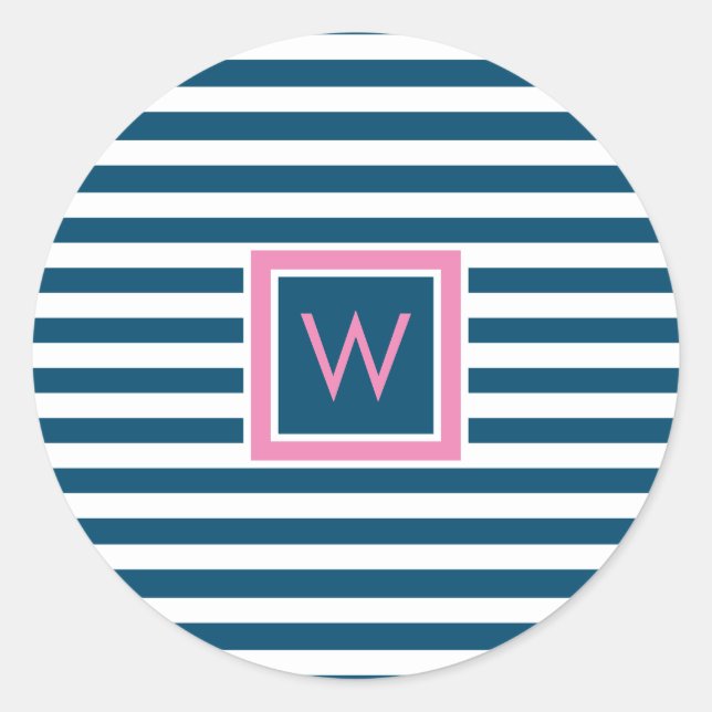 Sticker Rond Monogramme personnalisé Ardoise Bleu et Blanc rayé (Devant)