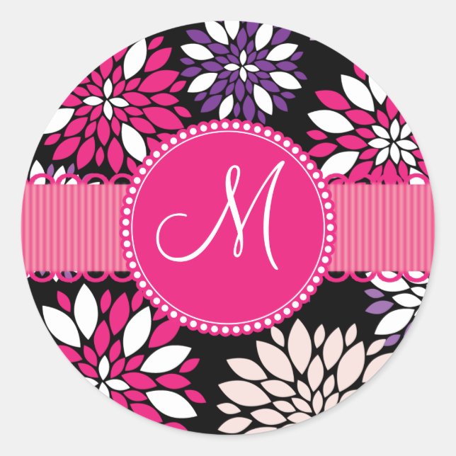 Sticker Rond Monogramme personnalisé Art initial rose violet (Devant)