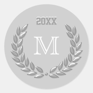 Sticker Rond Monogramme personnalisé Couronne de laurier gris c