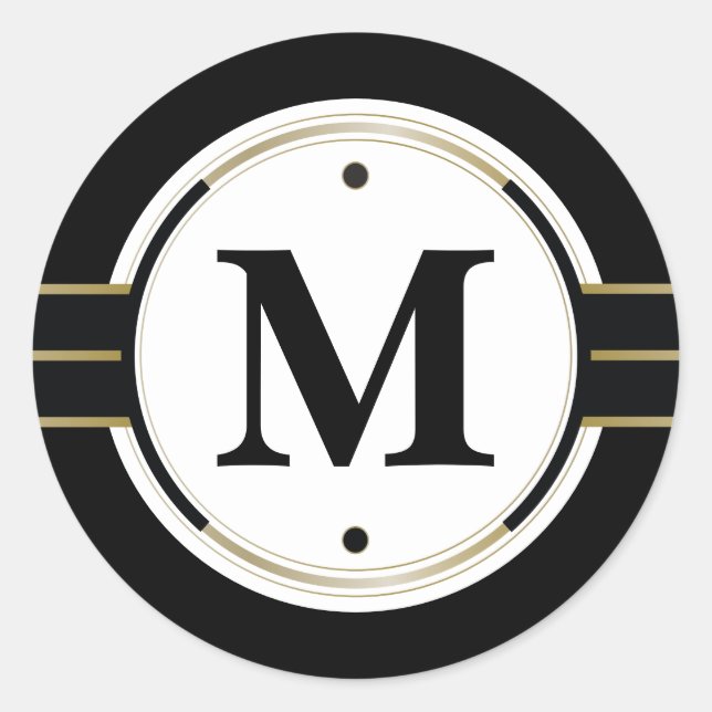 Sticker Rond Monogramme personnalisé Élégant Déco noir et or (Devant)