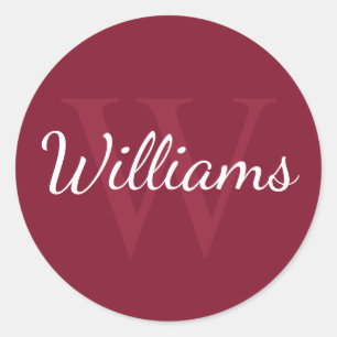 Sticker Rond Monogramme personnalisé et nom Rouge bordeaux