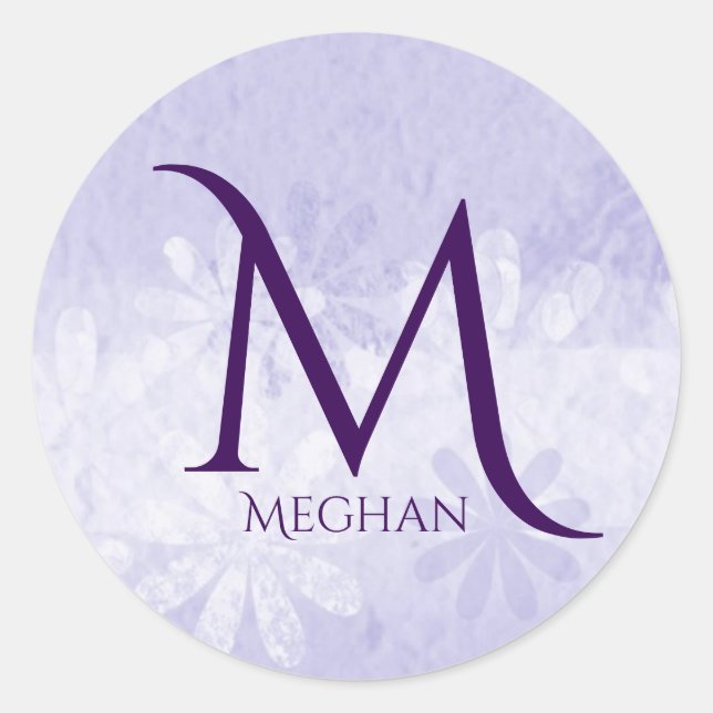 Sticker Rond Monogramme personnalisé et nom Stick violet et bla (Devant)