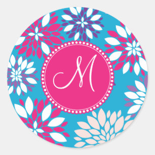 Sticker Rond Monogramme personnalisé Fleur rose violet bleu