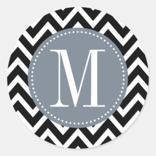 Sticker Rond Monogramme personnalisé gris et noir Chevron