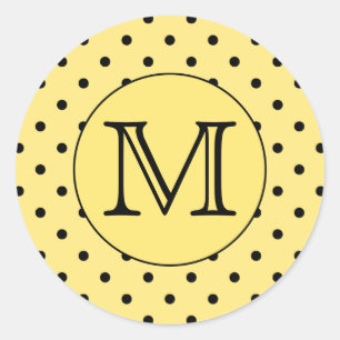 Sticker Rond Monogramme personnalisé Motif à points Polka Jaune