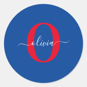 Sticker Rond Monogramme personnalisé Nom du script Bleu Blanc R