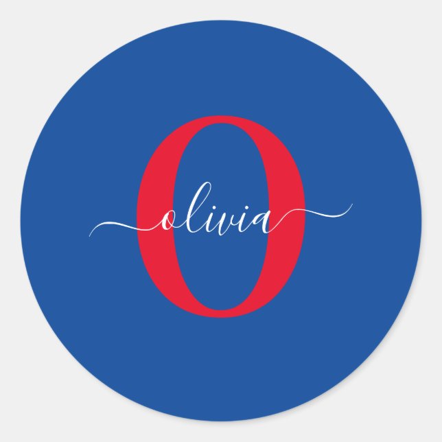 Sticker Rond Monogramme personnalisé Nom du script Bleu Blanc R (Devant)
