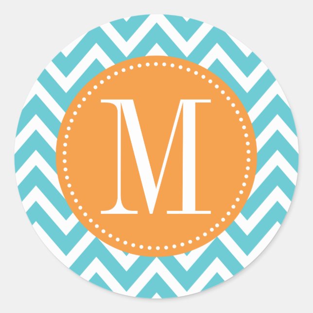 Sticker Rond Monogramme personnalisé orange et bleu Chevron (Devant)