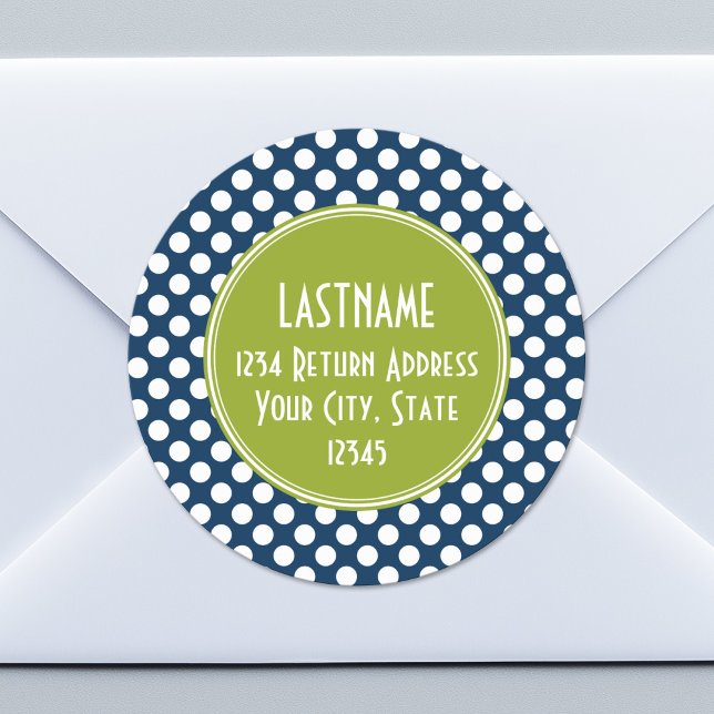 Sticker Rond Monogramme personnalisé Pois bleu marine et vert c (Custom Sticker for Party Favors or Envelopes)