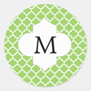 Sticker Rond Monogramme personnalisé Quatrefoil vert et blanc