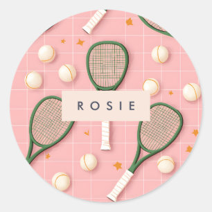Sticker Rond Monogramme Personnalisé Retro Tennis Racket Motif