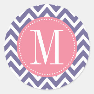 Sticker Rond Monogramme personnalisé rose et lavande Chevron