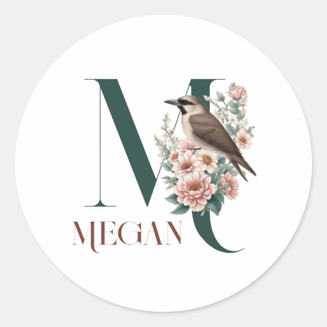 Sticker Rond Monogramme Petite Oiseau Personnalisé Initiales (Devant)