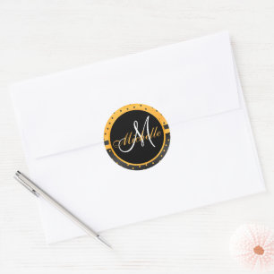 Sticker Rond Monogramme Pois noir et jaune or