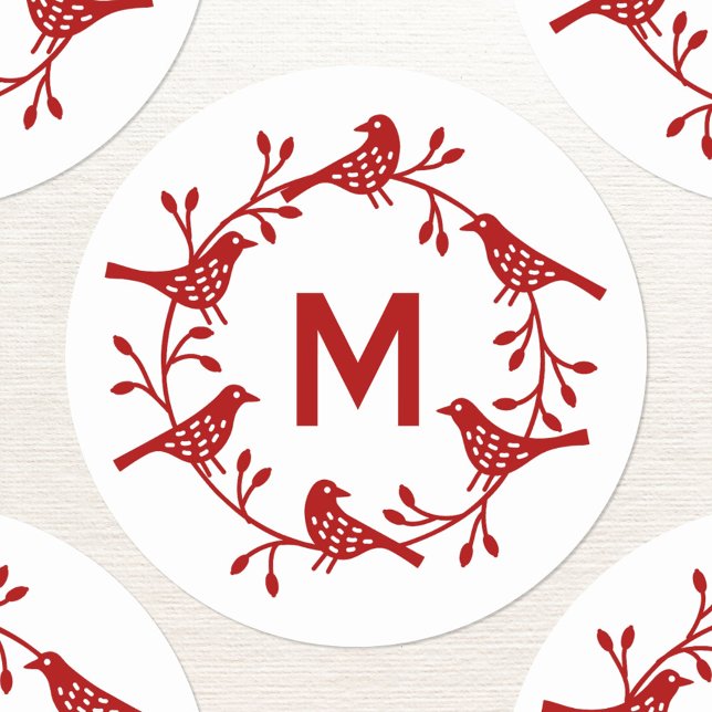 Sticker Rond Monogramme Première couronne d'oiseaux Scandinave (Monogram initial Scandinavian bird wreath personalized stickers)