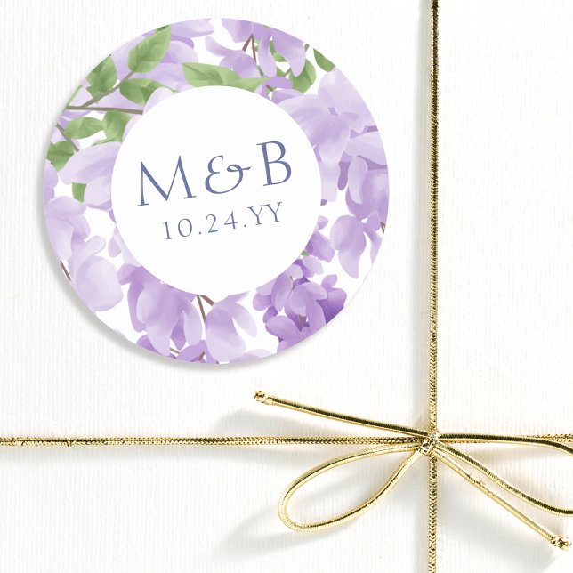 Sticker Rond Monogramme Purple Aquarelle Wisteria Floral Mariag (Créateur téléchargé)