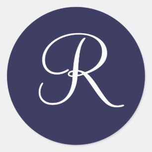 Sticker Rond Monogramme R, blanc sur bleu marine,