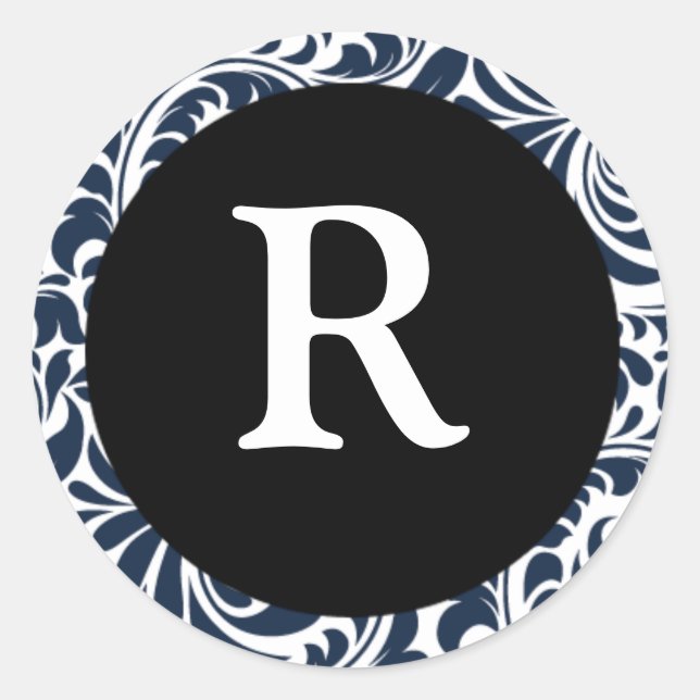 Sticker Rond Monogramme R Marine Bleu Mariage personnalisable M (Devant)