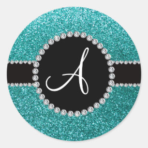 Sticker Rond Monogramme robin oeuf bleu parties scintillant dia