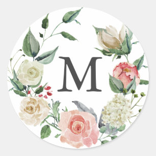Sticker Rond Monogramme Rose aquarelle