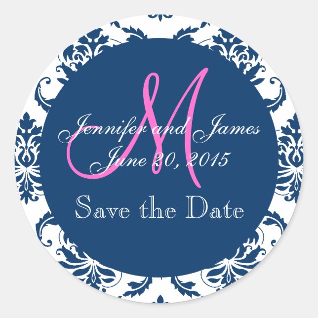 Sticker Rond Monogramme rose Damas bleu marine Enregistrer la d (Devant)