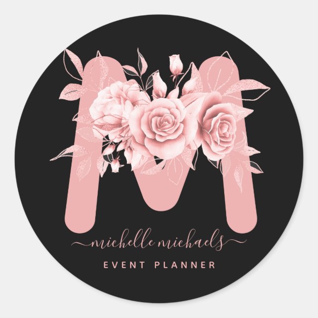 Sticker Rond Monogramme rose d'aquarelle noire (Devant)
